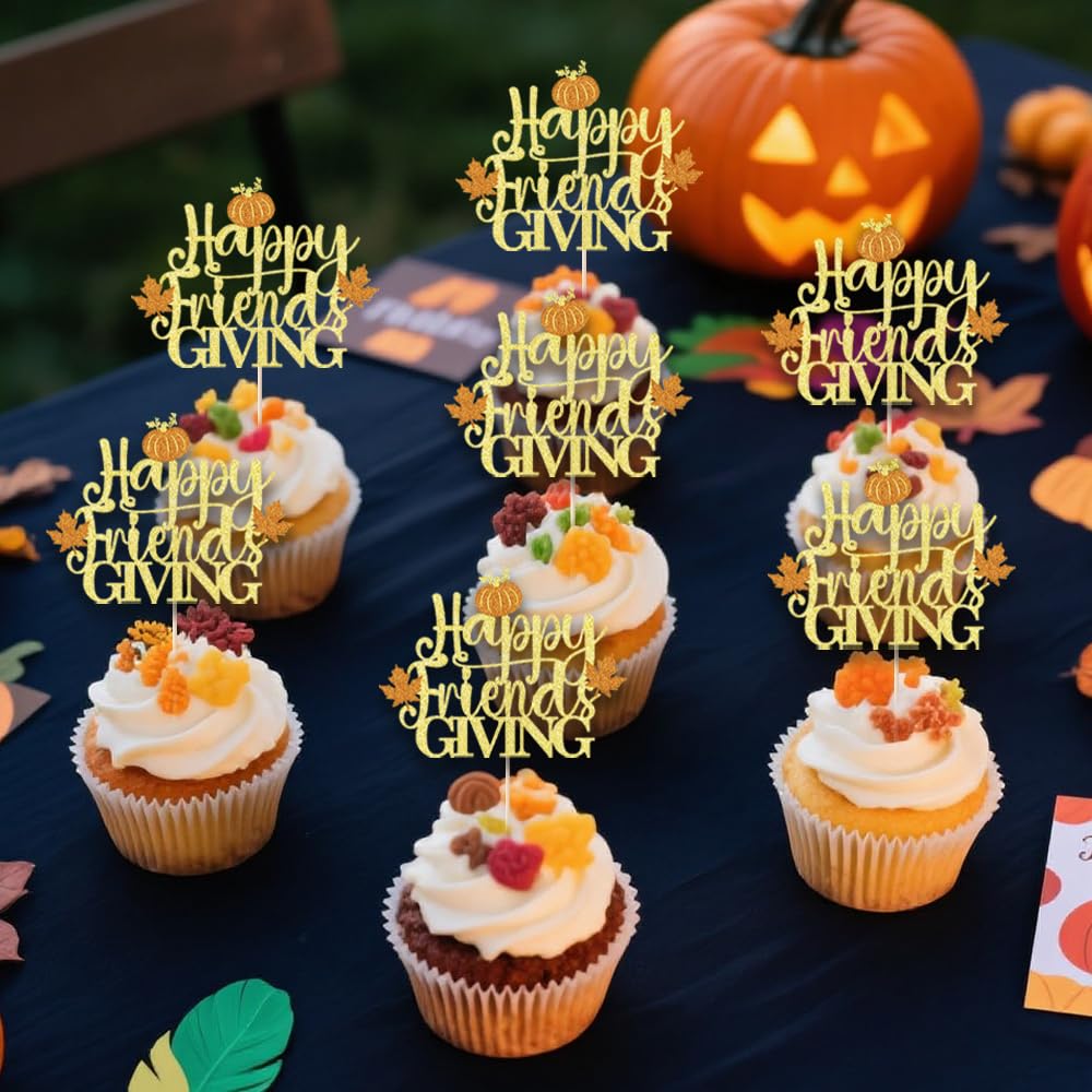 YUINYO 12PCS Happy Friends giving Cupcake Toppers Glitter Fall Theme Thanksgiving Cupcake Picks Maple Leaf Pumpkin Give Thanks C