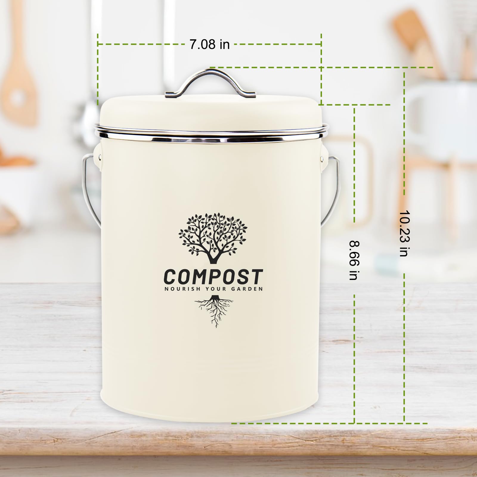 Holismo Kitchen Countertop Compost Bin - Medium Cream, Odor Resistant Metal Bucket with Lid & Charcoal Filter