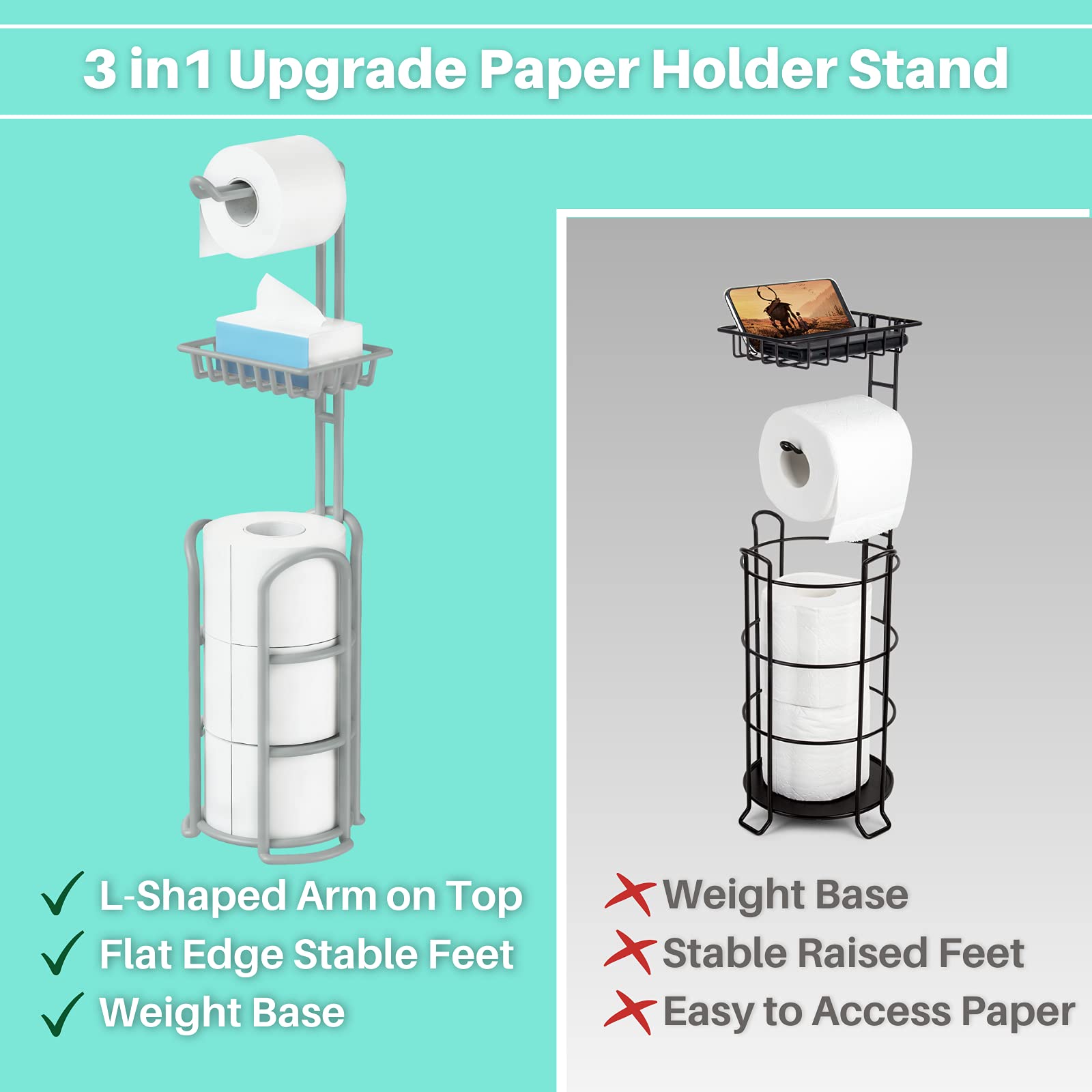 Upgrade Toilet Paper Holder Stand, Silver Gray Freestanding Toilet Paper Roll Holders With Shelf, Bathroom Tissue Storage Rack