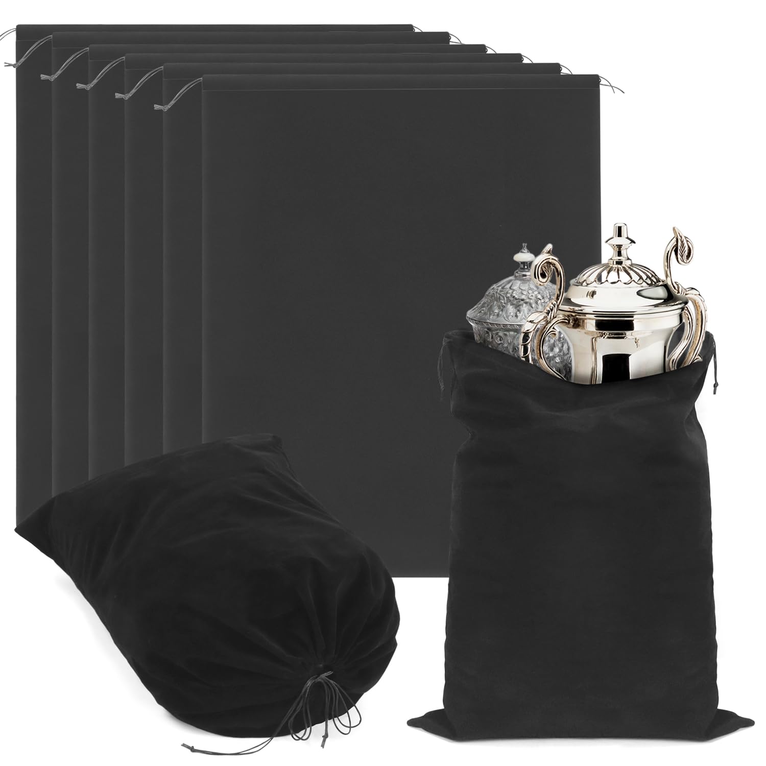QWORK Anti Tarnish Silver Storage Bags, 6 Pack 24 x 32 Inch Black Drawstring Flannel Cloth Pouches for Silverware, Trays, Jewelr