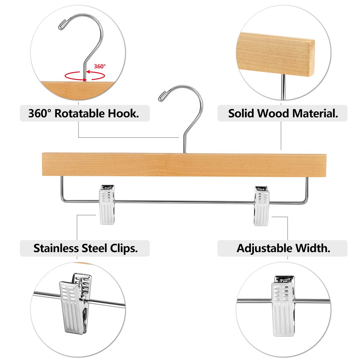 AMKUFO 20pcs Wooden Pants Hangers Solid Pants Hangers with Adjustable Clips 14 Inch Natural Wood Skirt Hangers Trousers Bottom Hangers with Non-Slip Clips and 360? Swivel Hook
