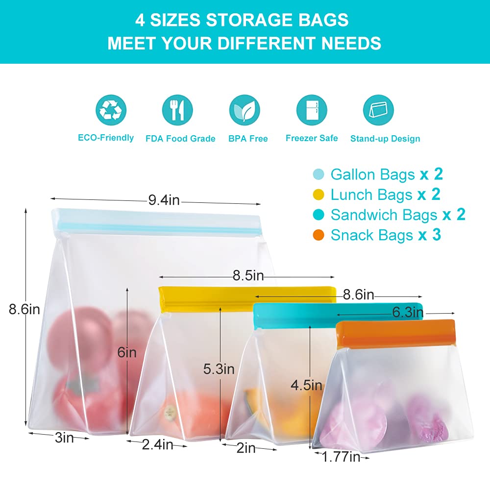 Reusable Food Storage Bags Stand Up, 9 Pack Ziplock Reusable Freezer Bags, Leakproof Storage Gallon Bags, Reusable Food Bags, Sa