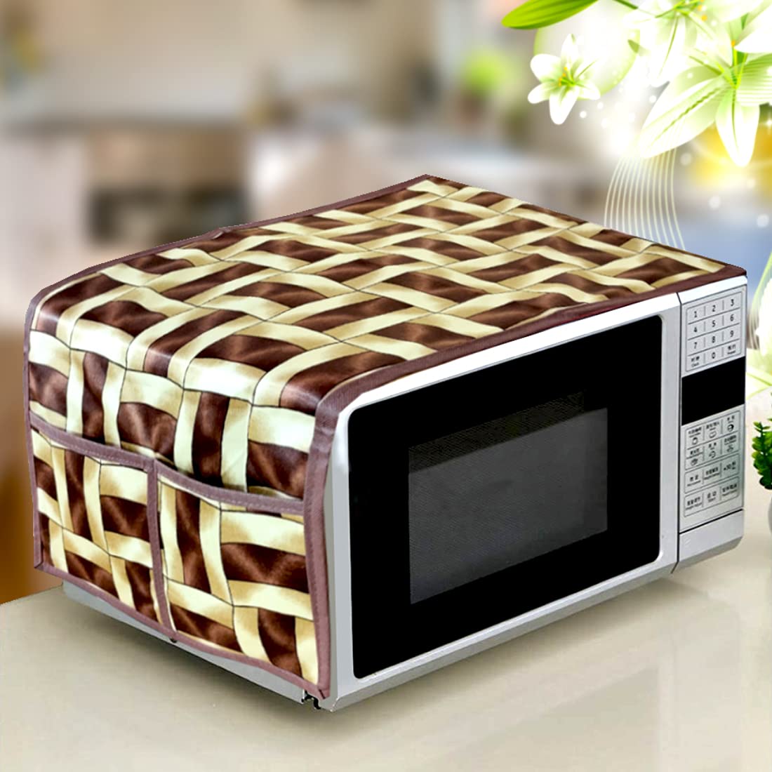 Kanushi Industries Microwave/Oven Top Cover With 4 Utility Pockets (Var-Micro-Brown-Golden-Line-01)