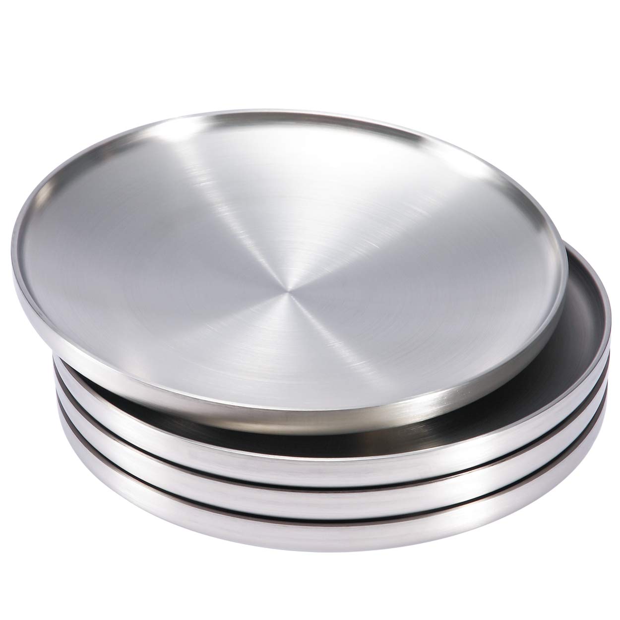 Sumerflos 304 Stainless Steel Dinner Plate, 9'' Double-Layer Round Dessert Plate, Serving Camping Salad Plate For Homr Kichten,