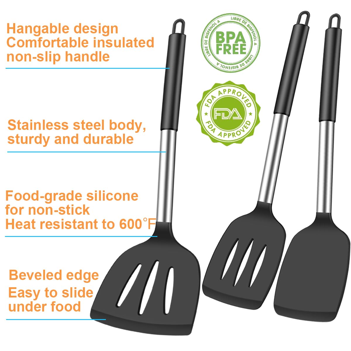 Klaqqed 3Pcs Spatula Silicone Spatula Turner Set Fish Spatulas Silicone Heat Resistant Spatulas For Nonstick Cookware Rubber Wok