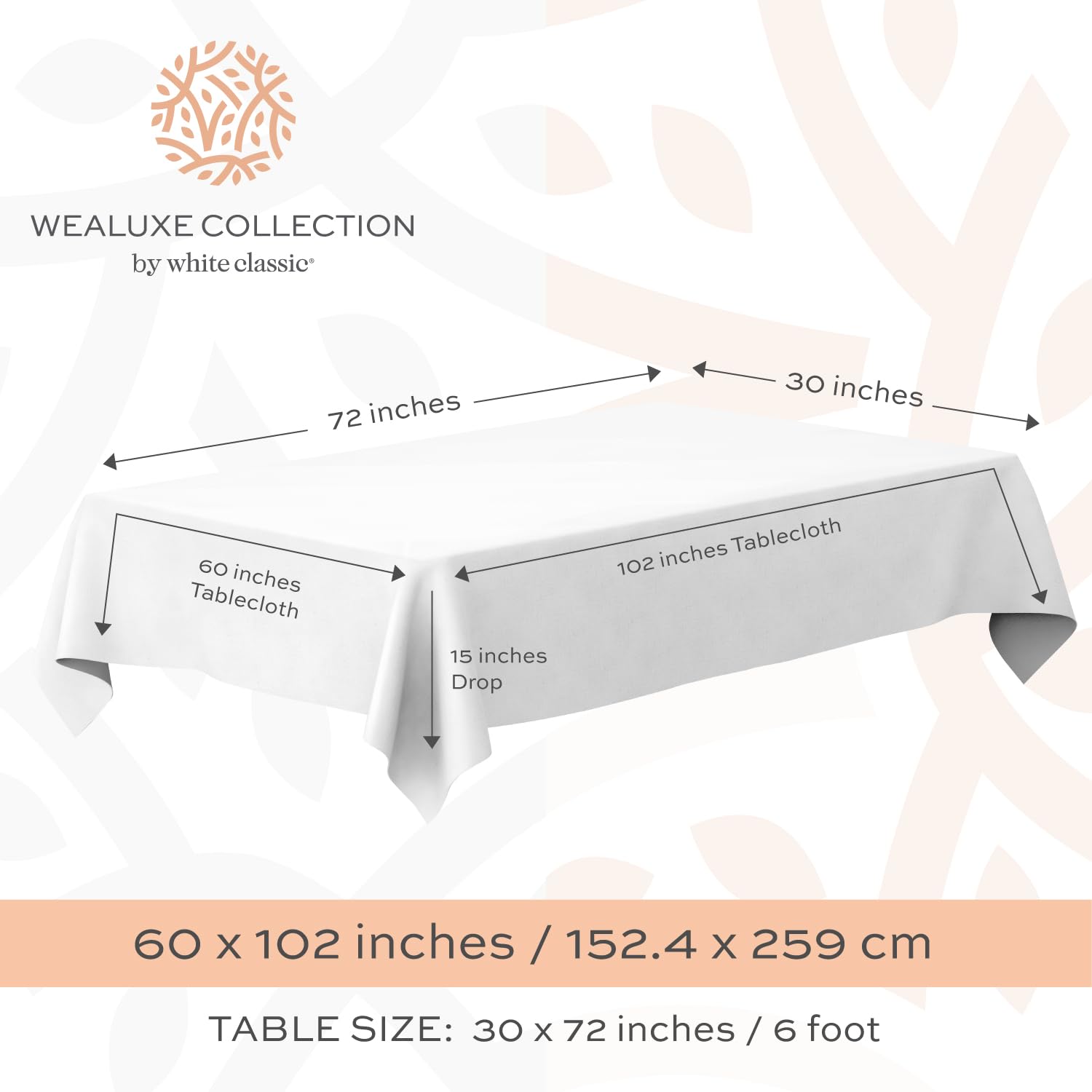 Wealuxe White Table Cloths For 6 Foot Rectangle Tables, 2-Pack, 60X102 Inches, Water, Stain And Wrinkle Resistant, 200 Gsm Washa