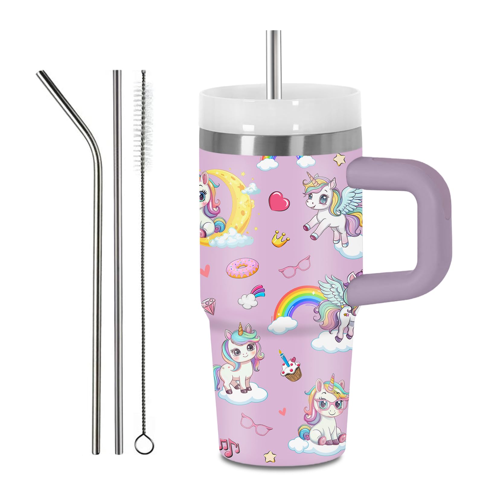 Hiboss 14 oz Unicorn Tumbler with Handle and Straw for Kids, Insulated Stainless Steel Unicorn Cup for Girl, Birthday Gifts for 