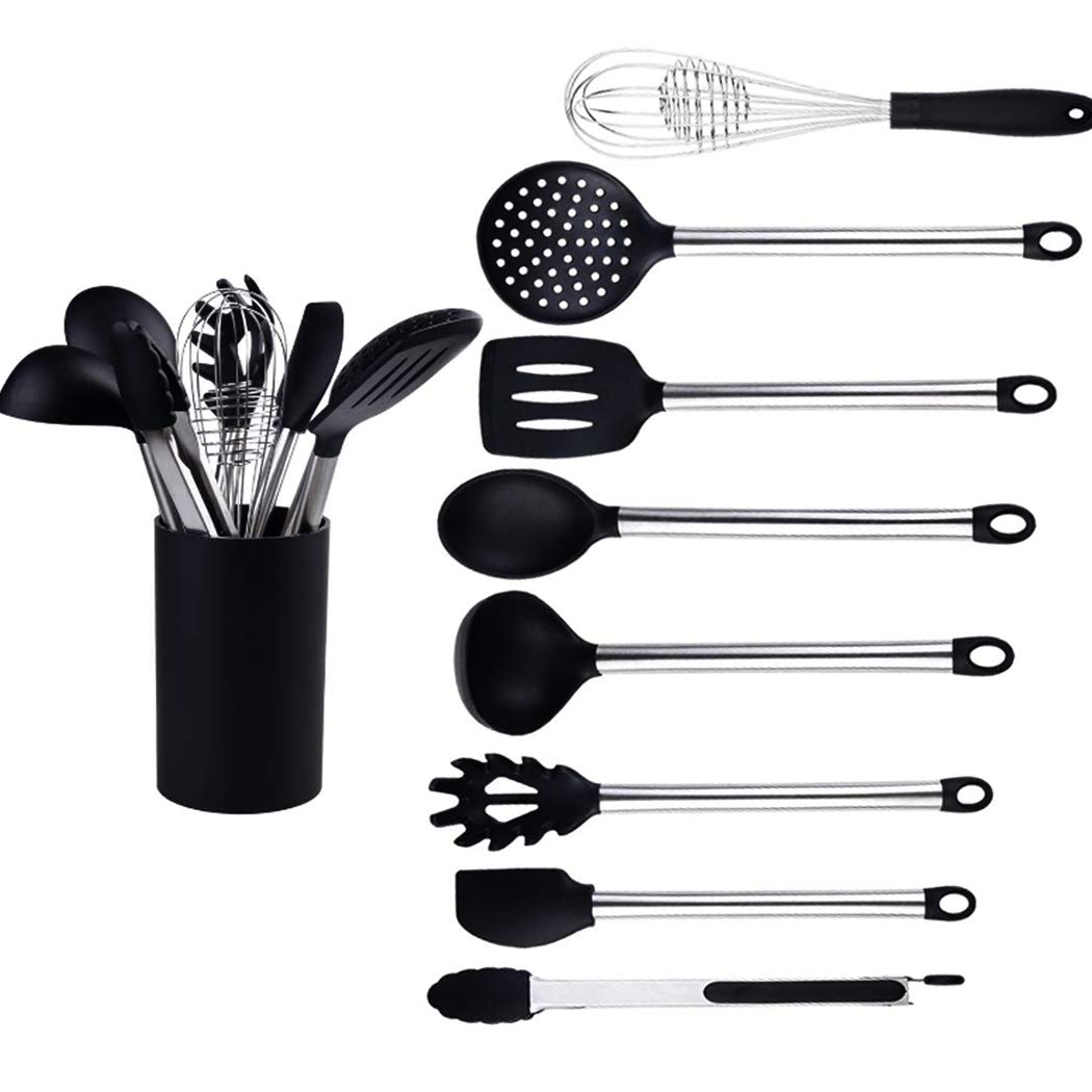 Hoshen 9-Piece Silicone Cookware Set Kitchen Utensils, Non-Stick Heat-Resistant Silicone, Stainless Steel Handle - Black