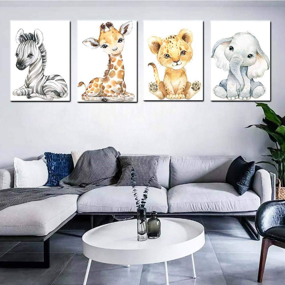 Baby Watercolor Animals Wall Art Prints Set Of 4 (8X10,Unframed),Tiger Elephant Zebra Giraffe Safari Animals Pictures Nursery De