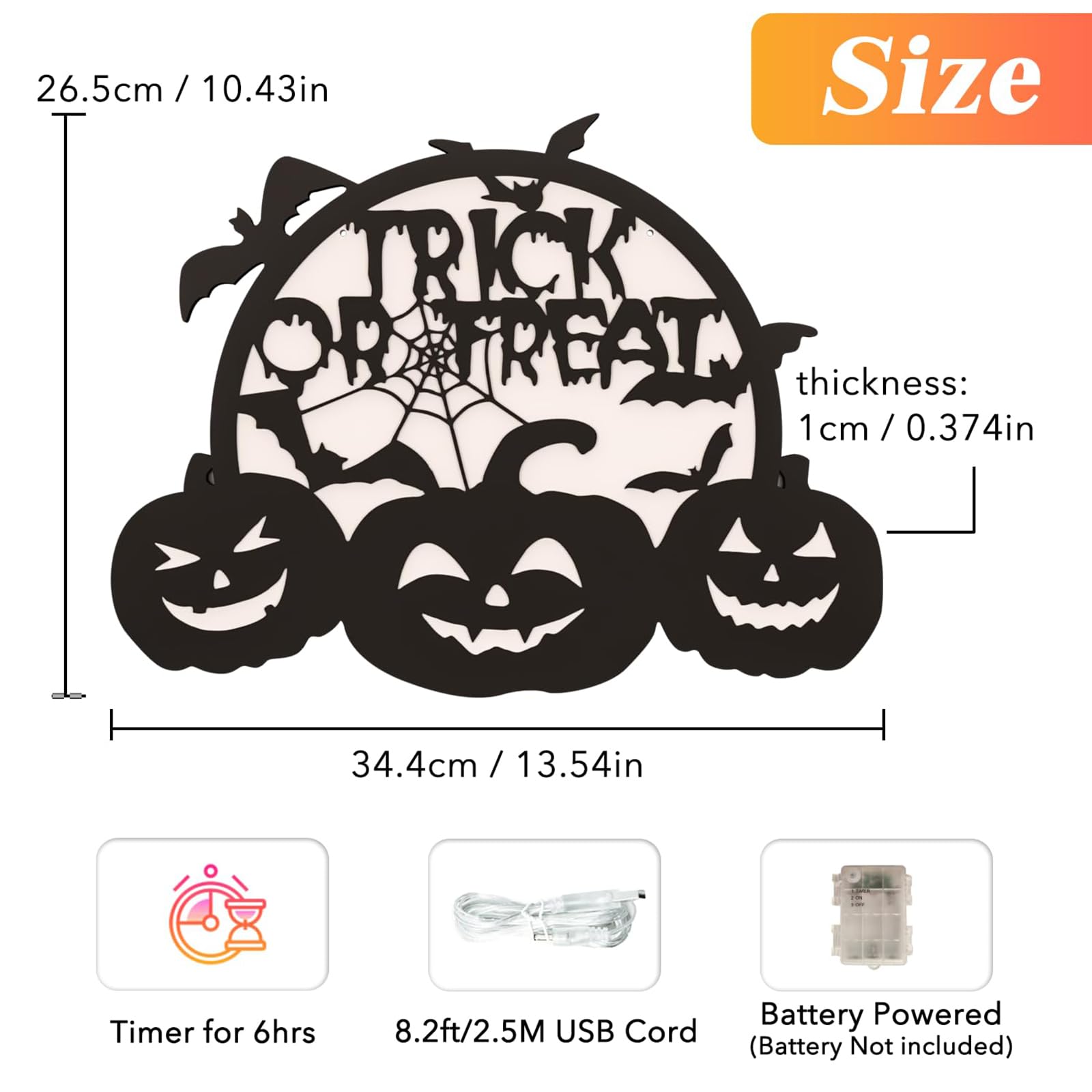 Halloween Pumpkin Lights, LED Connected Jack O Lantern With Light Up Green Moon, Bat Spider Web & Trick or Treat Wording, USB &