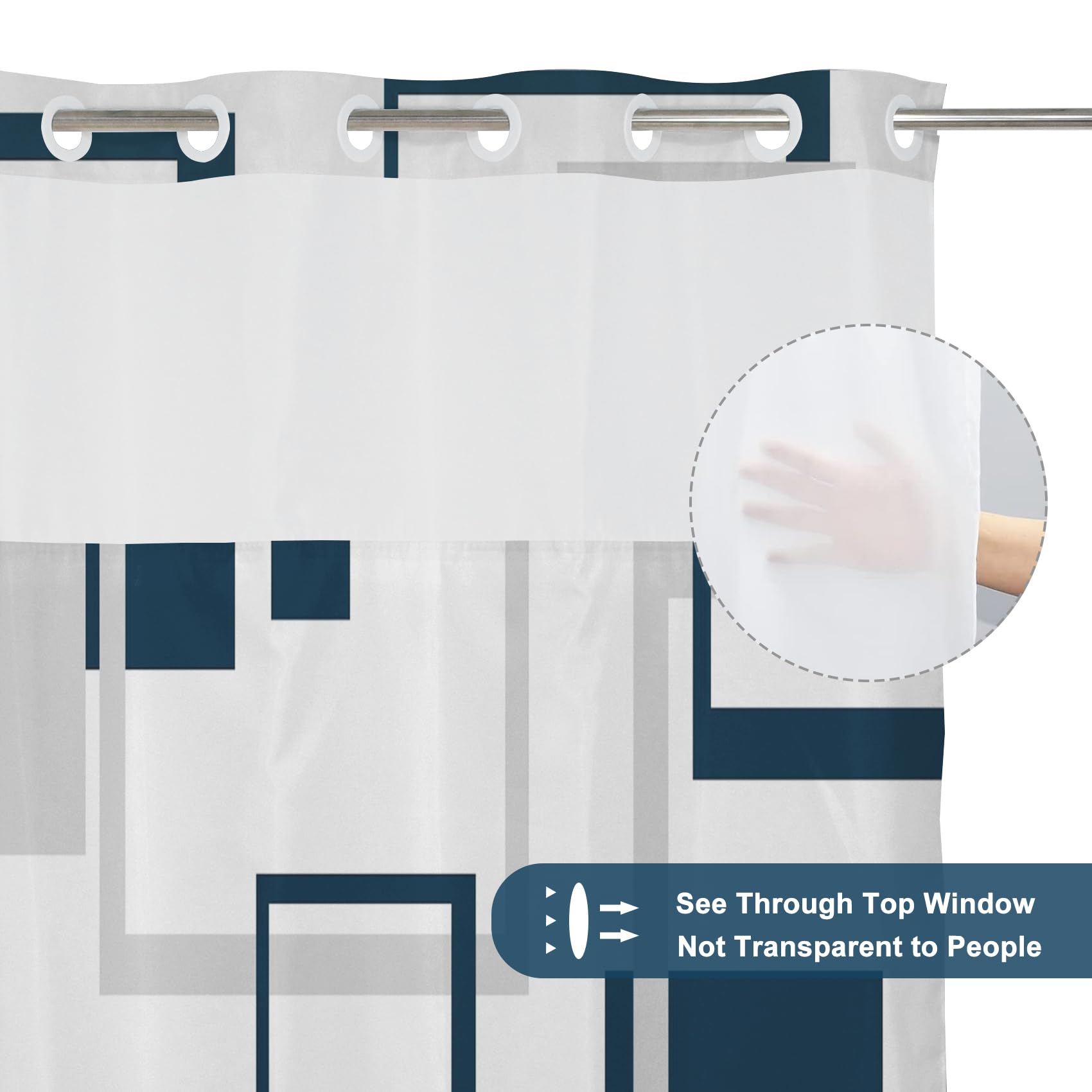 Awert No Hook Shower Curtain With Snap In Liner Navy Blue Geometric Shower Curtain And Liner Set Double Layers Waterproof Fabric