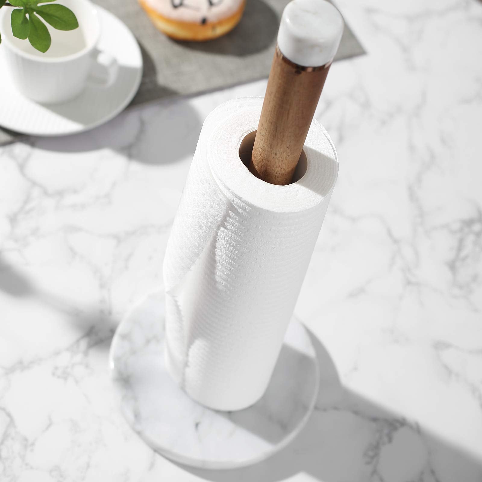 Jalz Jalz Paper Towel Holder Countertop Marble Base And Acacia Wood Stand,13.3'' Kitchen Paper Towel Roll Holder Stand