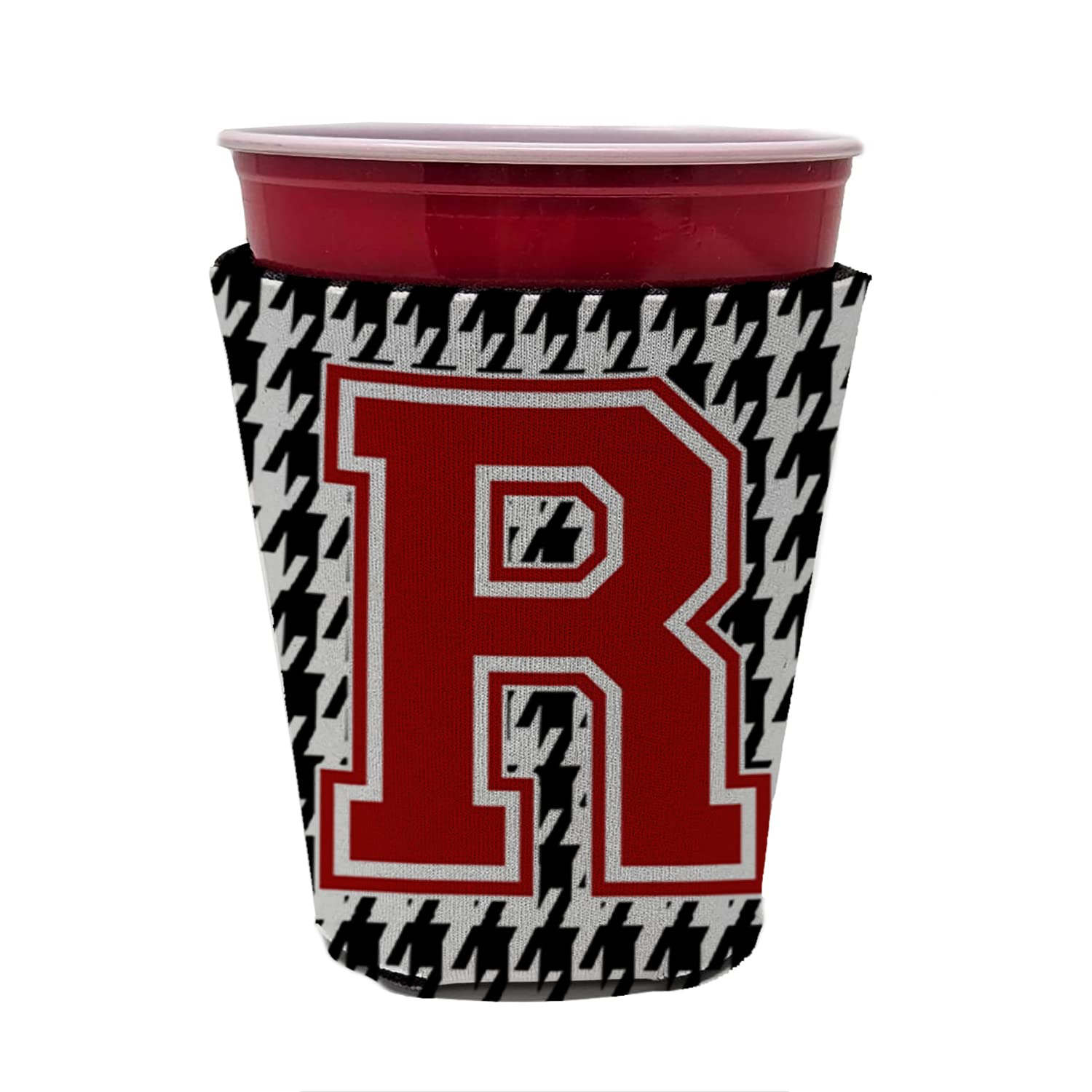 Monogram - Houndstooth  Initial  R Red Solo Cup Beverage Insulator Hugger CJ1021R-RSC