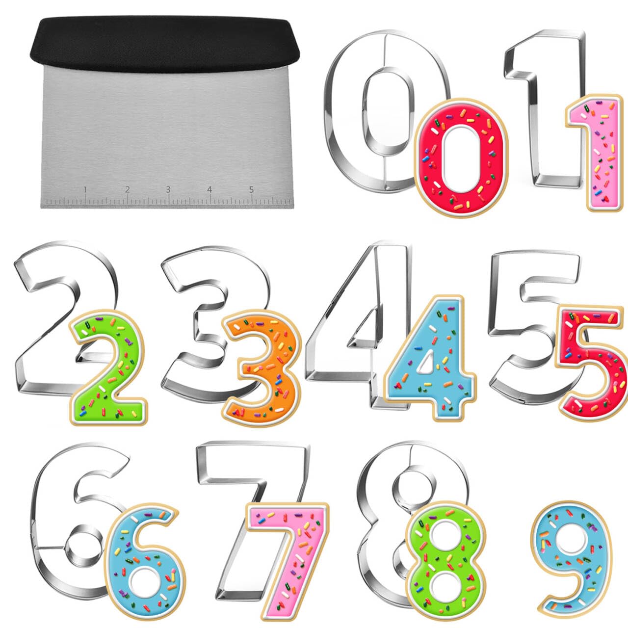 Auktosmn Large Number Cookie Cutter Set with Dough Scraper&Chopper-9 Piece-3.25 Inch-Number 0-8-Birthday Cookie Cutter Shape for