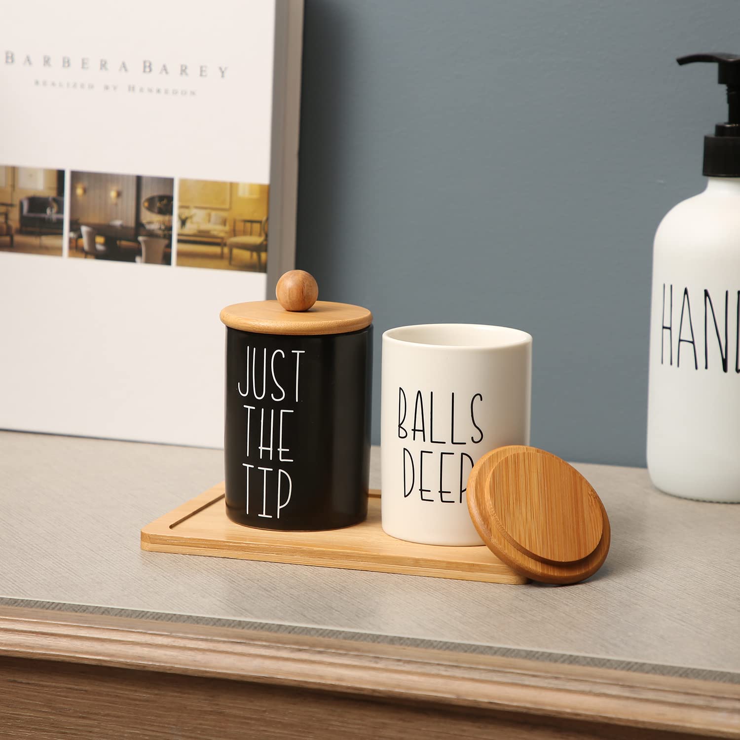 MOMEEMO Apothecary Jars with Lids for Bathroom Organization  Qtip Holder and Cotton Ball Holder are Great for Farmhouse Bathroom Decor  Rustic Bathroom Decor. (Ceramic)
