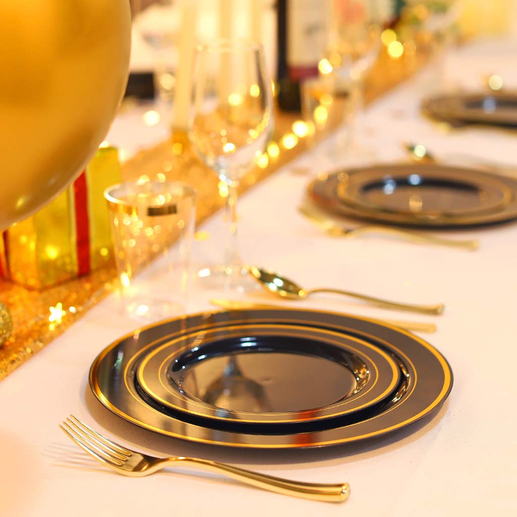 Bucla 100 Pieces Black And Gold Plastic Plates Disposable - 7.5Inch Disposable Salad/Dessert Plates With Gold Rim - Ideal For Ha
