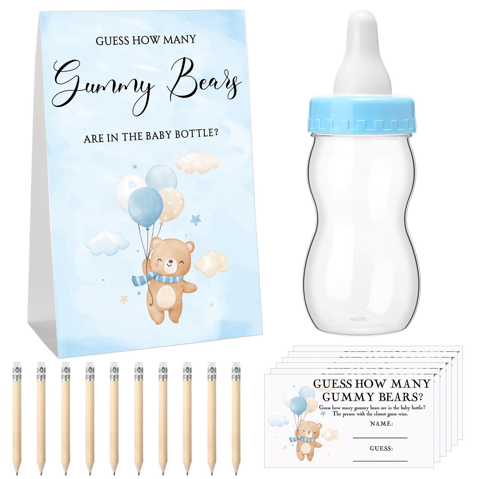 Outus Guess How Many Bears Wooden Baby Shower Games Sign Guessing Game Sign 100 Guessing Cards 10 HB Pencils 1 Cute Bottle for B