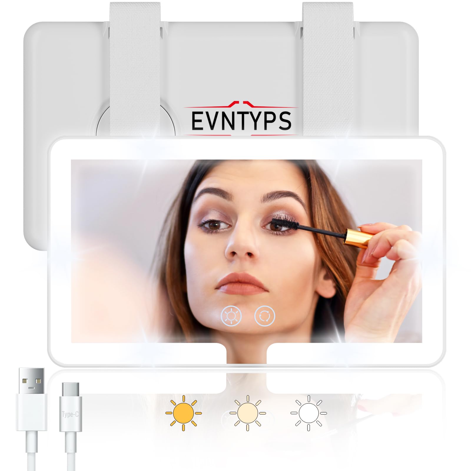 Evntyps Car Vanity Mirror With Light,Rechargeable Car Sun Visor Led Makeup Mirror,Dimmable Touch Control Rear View Sun-Shading C