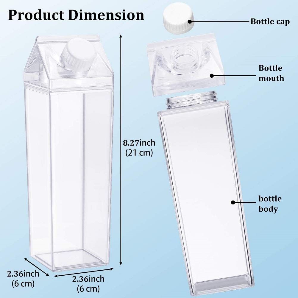 Milk Carton Water Bottle 17oz (500mL) Plastic Clear Square  No BPA Leakproof Portable Reusable Milk Carton Shaped Juice Bottle Perfect for Fitness Gym Camping Sports