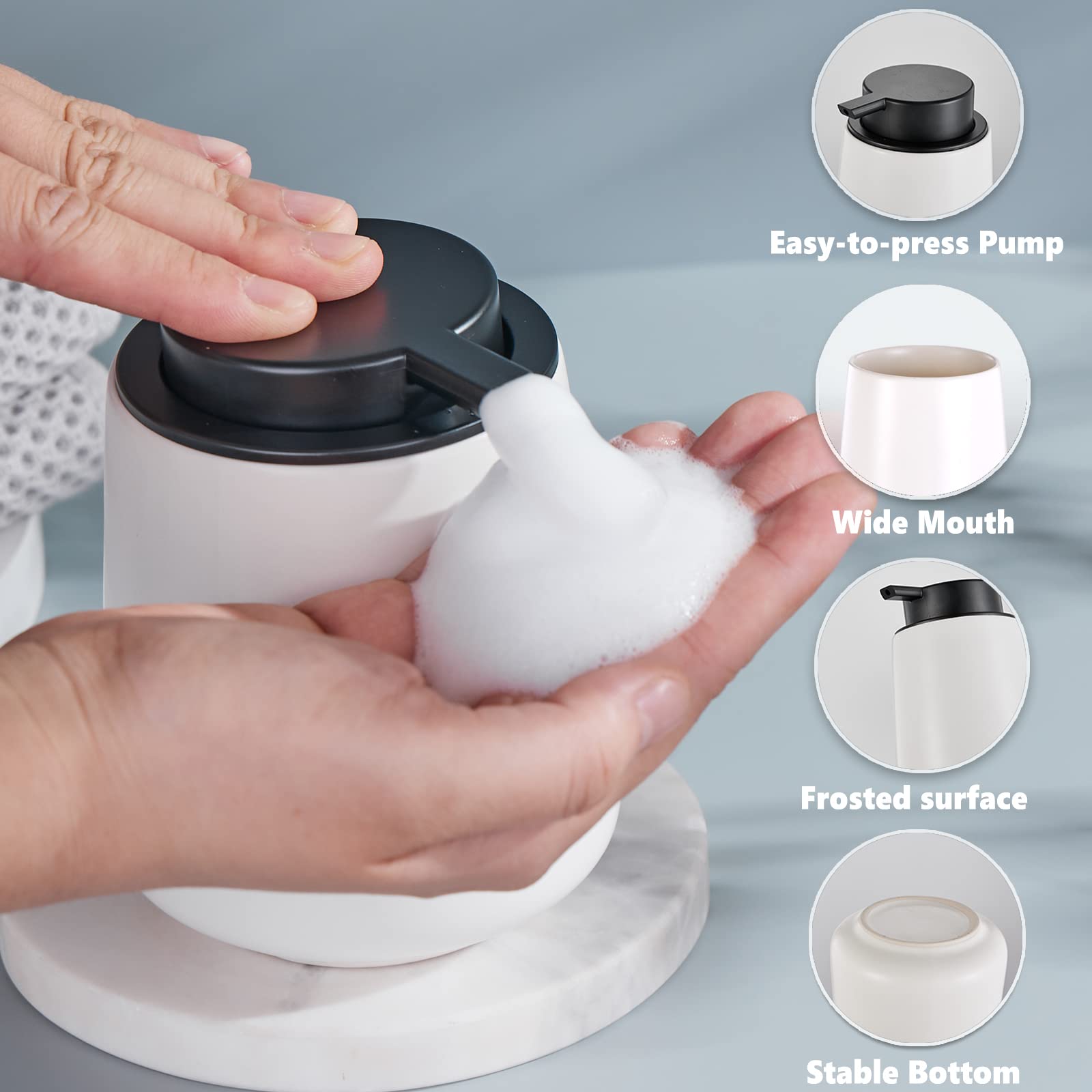 12Oz Foaming Hand Soap Dispenser - White Foam Soap Dispenser Bathroom with Easy-to-Press Pump  Modern Refillable Liquid Lotion Hand Soap Dispenser  Ceramic Dish Soap Dispenser for Kitchen