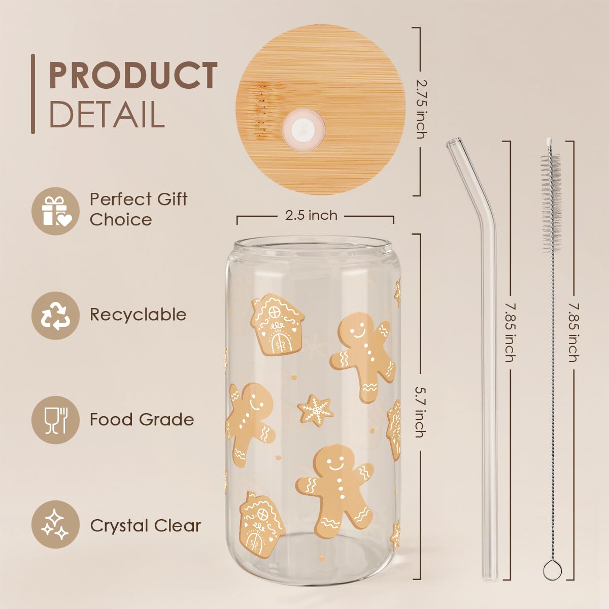 Gingerbread Christmas 16oz Can Glass Tumbler with Bamboo Lid & Straw - Iced Coffee Cup for Women Girls, Aesthetic Cups Gifts for