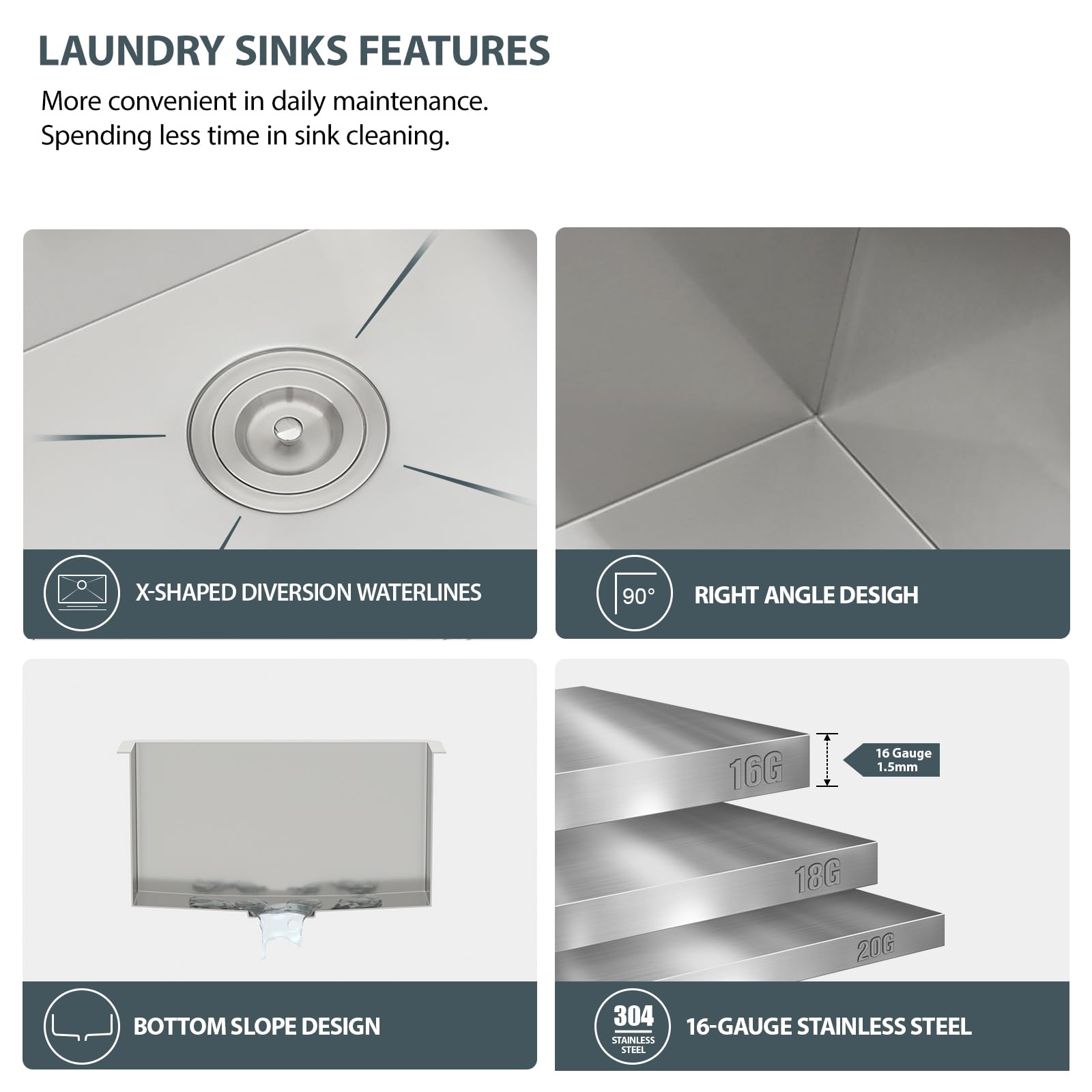 Lordear 24 Laundry Sink Stainless Steel - 24 X 19 X 13 Undermount Sink Single Bowl 16 Gauge Stainless Steel Deep Laundry Room Ut