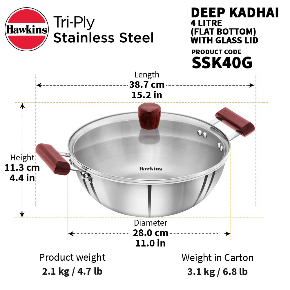Hawkins 4 Litre Deep Kadhai, Triply Stainless Steel Kadai With Glass Lid, Flat Bottom Induction Kadhai, Big Kadai, Silver (Ssk40