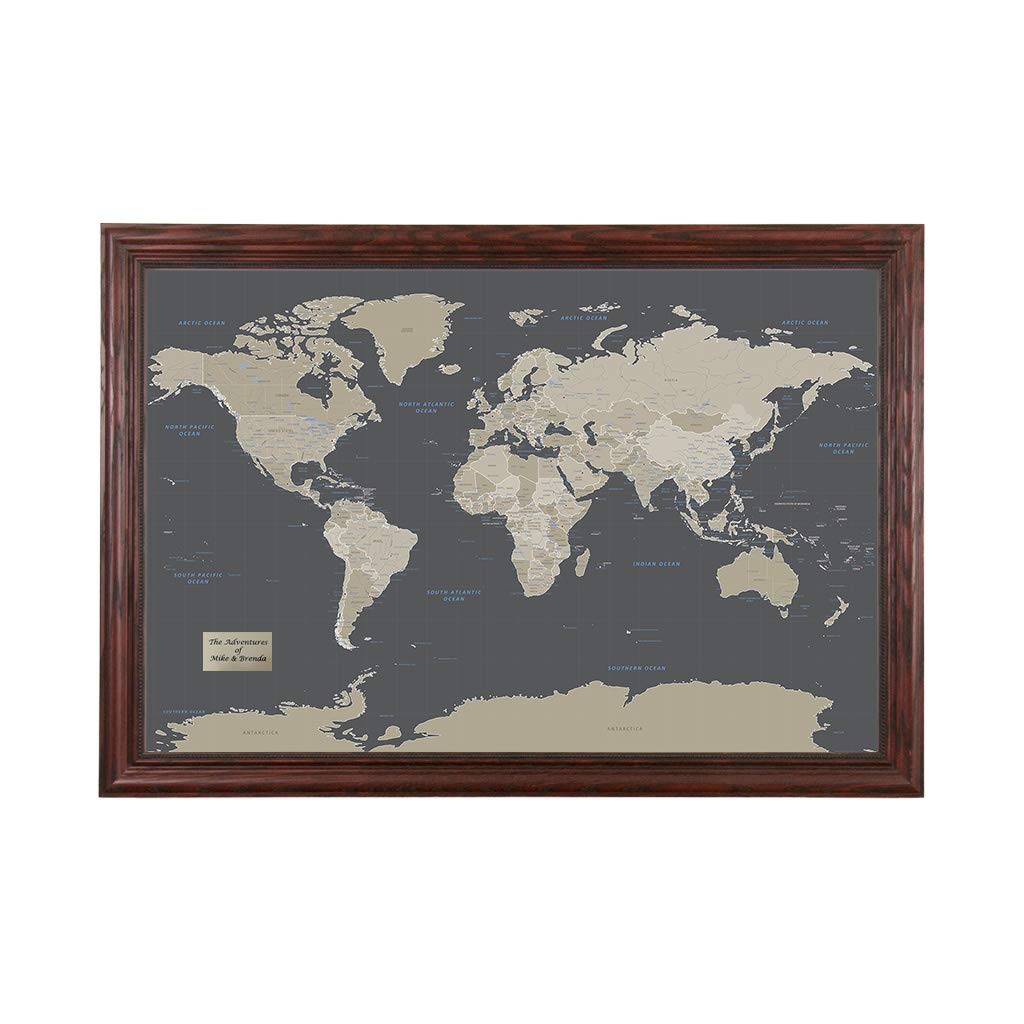 Push Pin Travel Maps - Earth Toned World - Solid Wood Cherry Framed Pin Map For Tracking Your Travels - 27.5'' X 39.5'' - 8 Hand