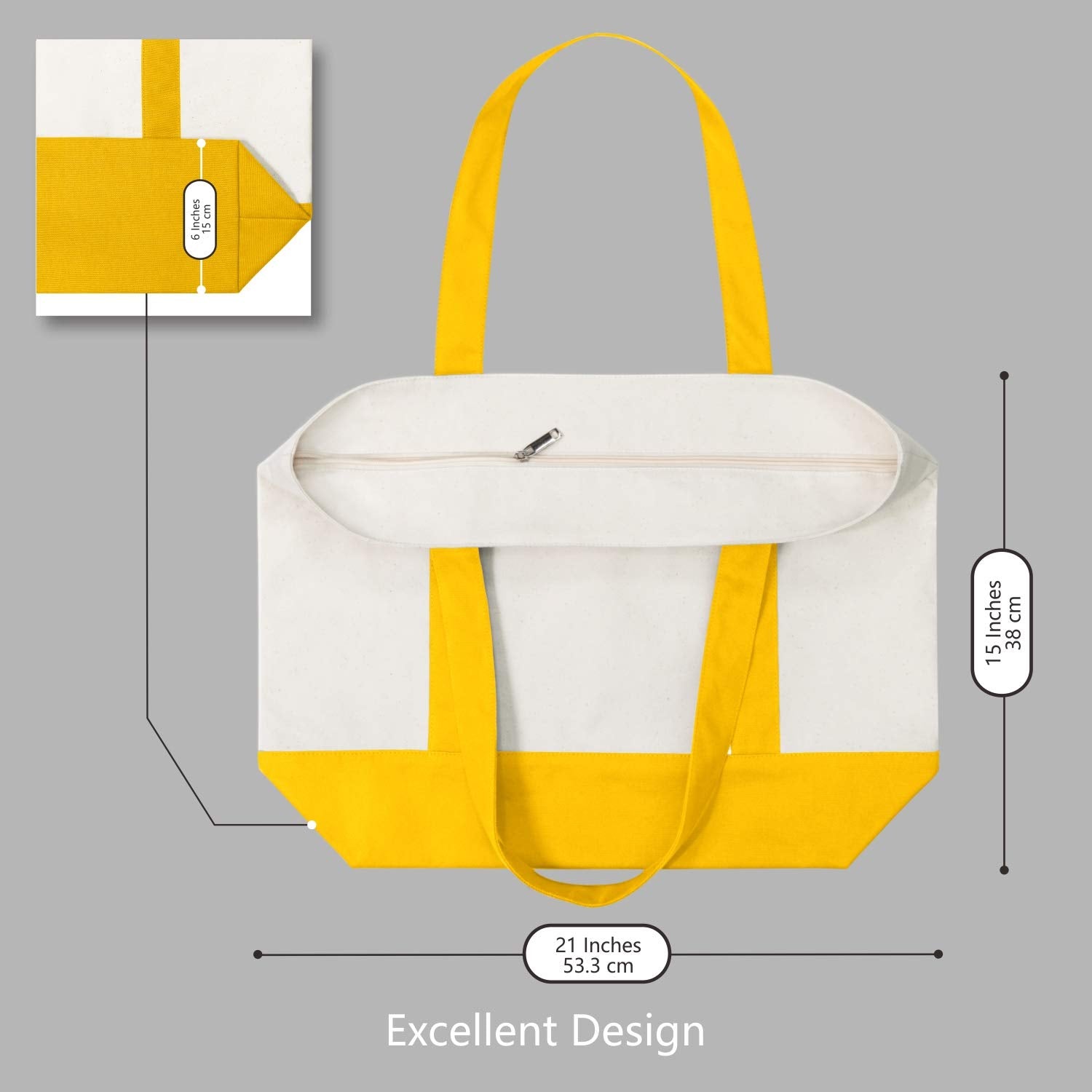 Topdesign Stylish Canvas Tote Bag With An External Pocket, Top Zipper Closure, Daily Essentials (Yellow/Natural)