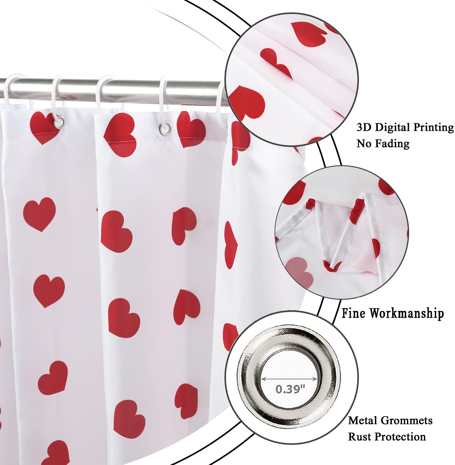 Gcirec Valentine'S Day Shower Curtain, Weighted Bottom Romantic Love Theme Red Little Heart Farmhouse Girly Girly Fabric Bathroo