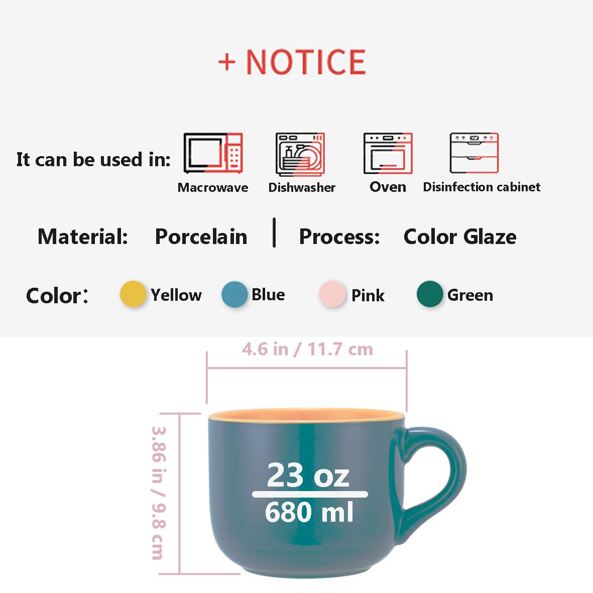 Teenfighter Porcelain Large Oatmeal Mug - 23 Ounces(680Ml) Wide Coffee Mug, Breakfast Cup And Soup Bowl, Microwave And Dishwashe