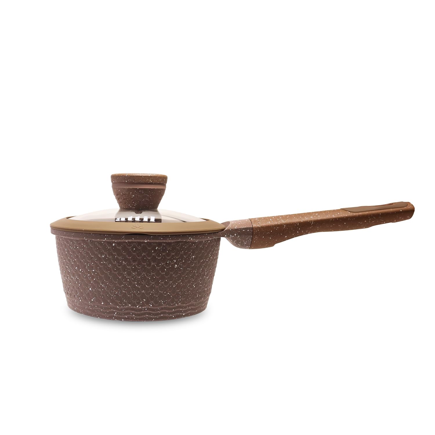 Attil - 16 Cm - Non Stick Sauce Pan With Glass Lid - Induction Base - Granite Cookware Sauce Pan 1.25Ltr, Granite Brown