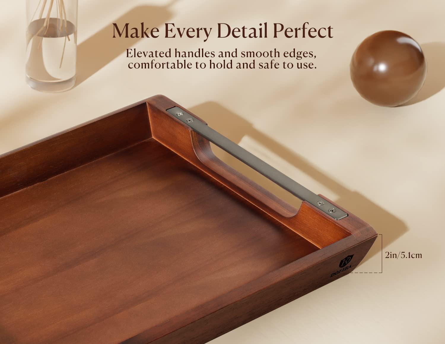 Dofira Acacia Wood Serving Tray With Metal Handles, 17X13In Food Drinks Tray For Coffee Table, Breakfast, Dinner & Bar, Rustic D