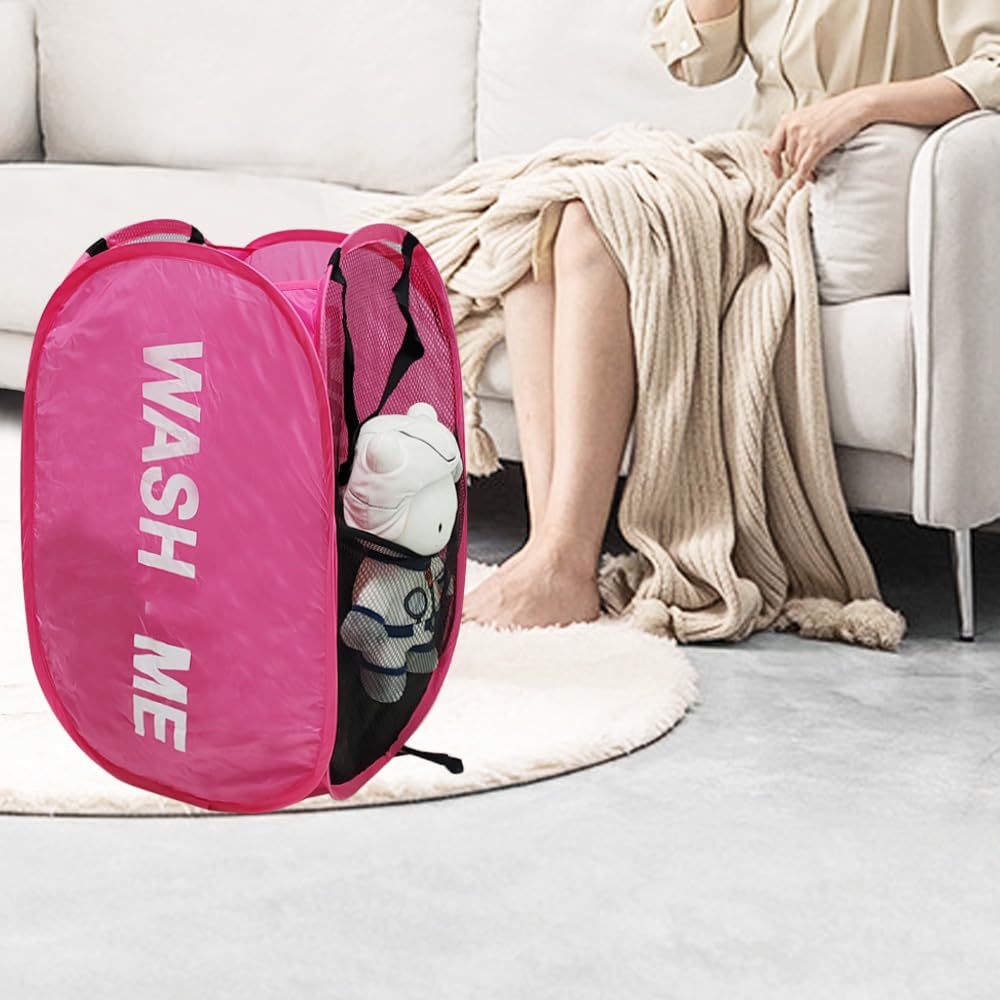 Aplter Pop Up Laundry Hamper Collapsible Laundry Basket Mesh Foldable Pink Dirty Clothes Hamper With Handles For Home, Bathroom,