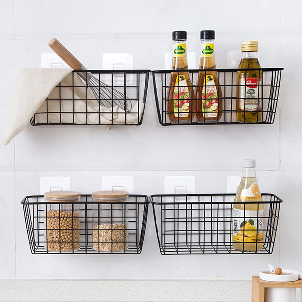Metal Hanging Wire Basket With Hooks For Storage, Bawuie 4 Pack Wall Mount On Door Sturdy Organizer Holder, Farmhouse Rustic Dec