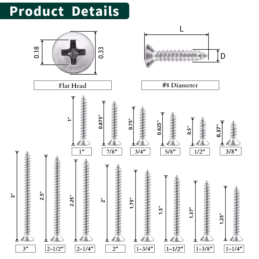 8 X 34 Flat Head Sheet Metal Screws Phillips Drive Wood Screws, 304 Stainless Steel 18-8, Self Tapping, Pack Of 100