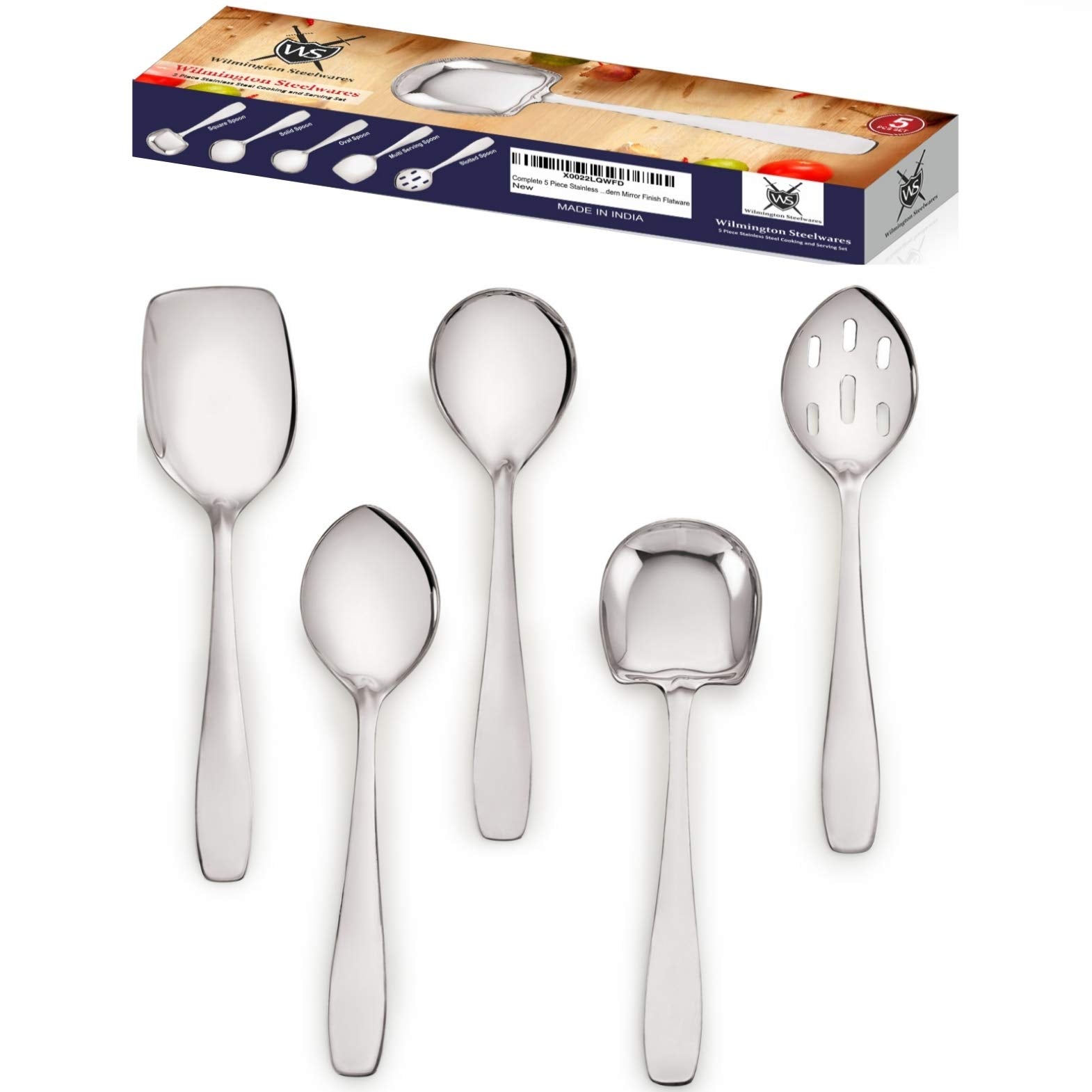 Premium 5 Piece Stainless Steel Cooking & Serving Spoon Set, Includes Solid Spoon, Oval Spoon, Slotted Spoon, Square Spoon & Mul
