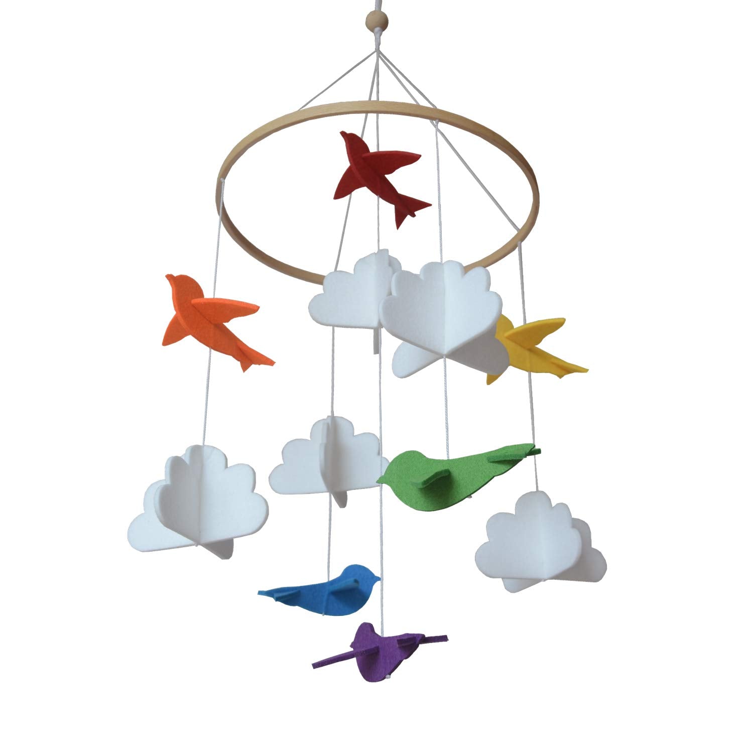 Baby Crib Mobile (Rainbow Birds in The Clouds, w/Garland) - Felt Nursery Ceiling Decoration and Baby Shower Gift for Girls & Boy