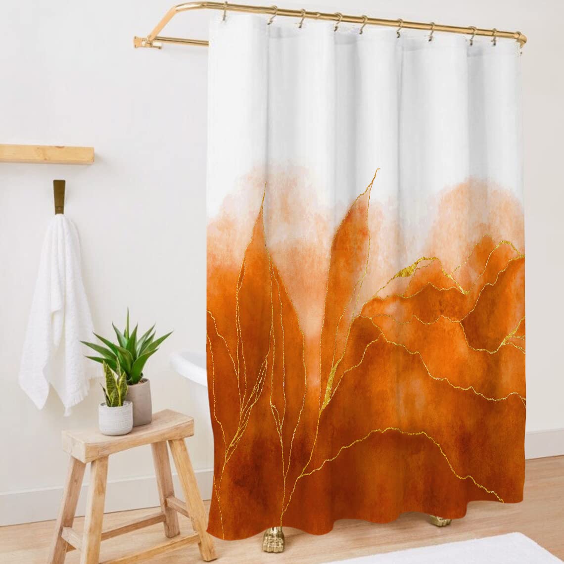 De-Mediocre Orange Marble Shower Curtain Stylish Boho Ombre Orange And Gold Marble Bathroom Curtains Abstract White Golden Fabri