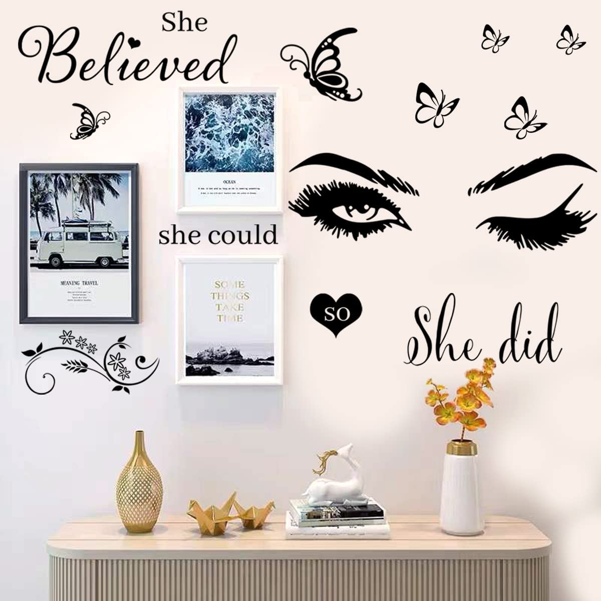 Wall Sticker Saying Vinyl Wall Decals Eyelash Eyes Inspirational Quotes She Believed She Could So She Did Wall Decal Butterfly Wall Stickers for Bedroom Living Room Classroom Office Girl Room Home Decor.