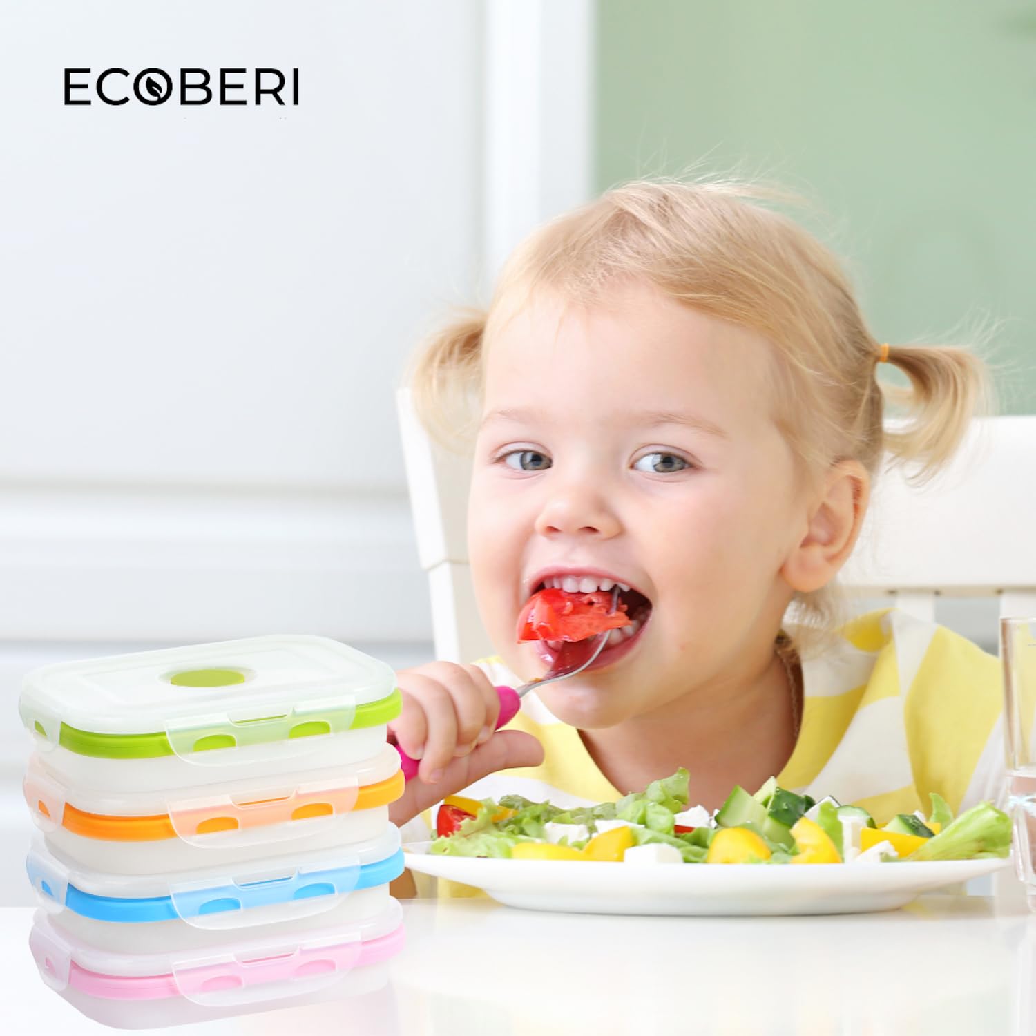 ECOBERI Collapsible Silicone Food Storage Containers - BPA Free, 12oz, Assorted Colors, Microwave & Dishwasher Safe, 4-Pack