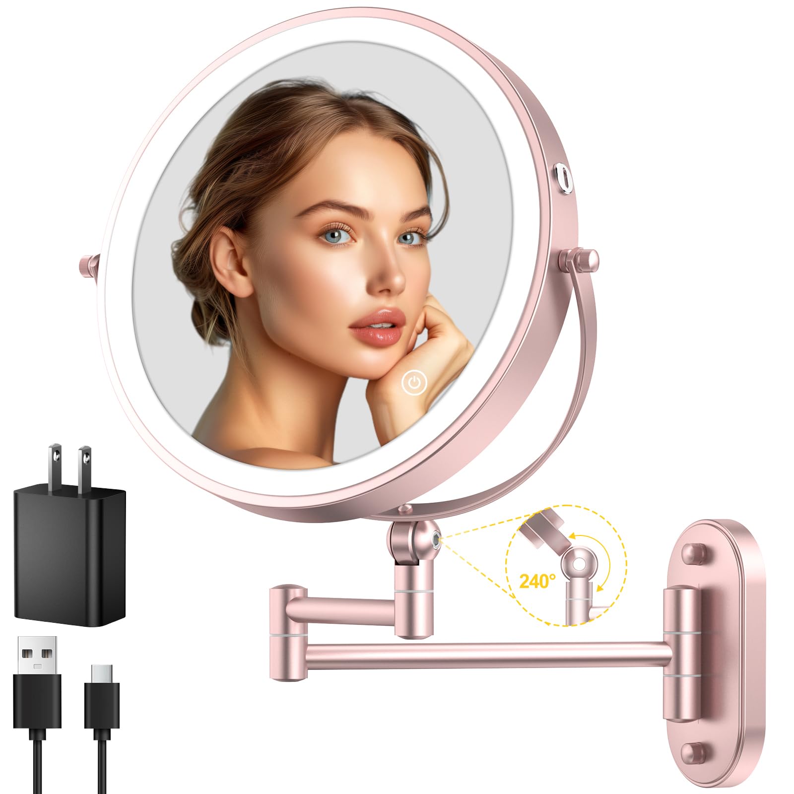 Imikona 9'' Wall Mounted Lighted Makeup Mirror,4000Mah Rechargeable Double Sided 1X/10X Magnifying Mirror With Light,3 Color Lig