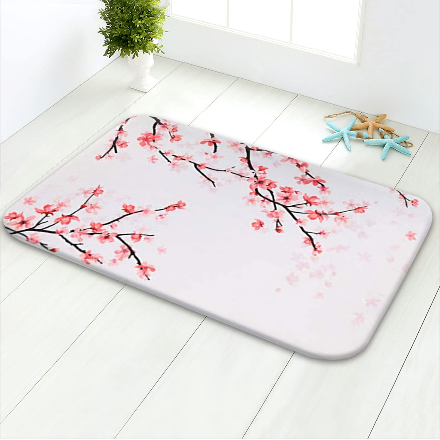 LIVILAN Pink Bath Mat, Flower Bath Mat, Flower Bath Rugs, Floral Bathroom Rugs, 24X16, Pink Bathroom Rug, Cherry Bath Mats f