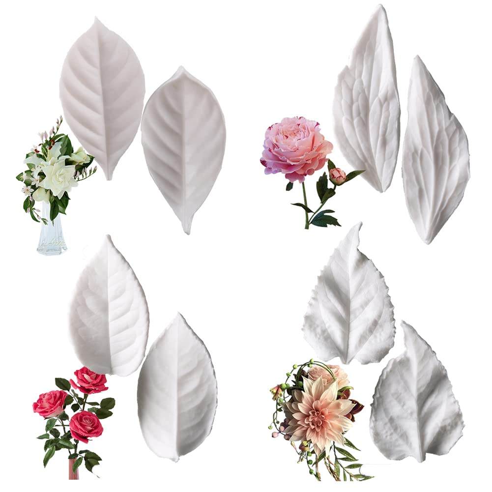 Kalaien 8Pcs Sugar Paste Leaf Veiners Fontant Mold Fondant Silicone Leaf Rose/Peony/Lily 3D Craft Tool
