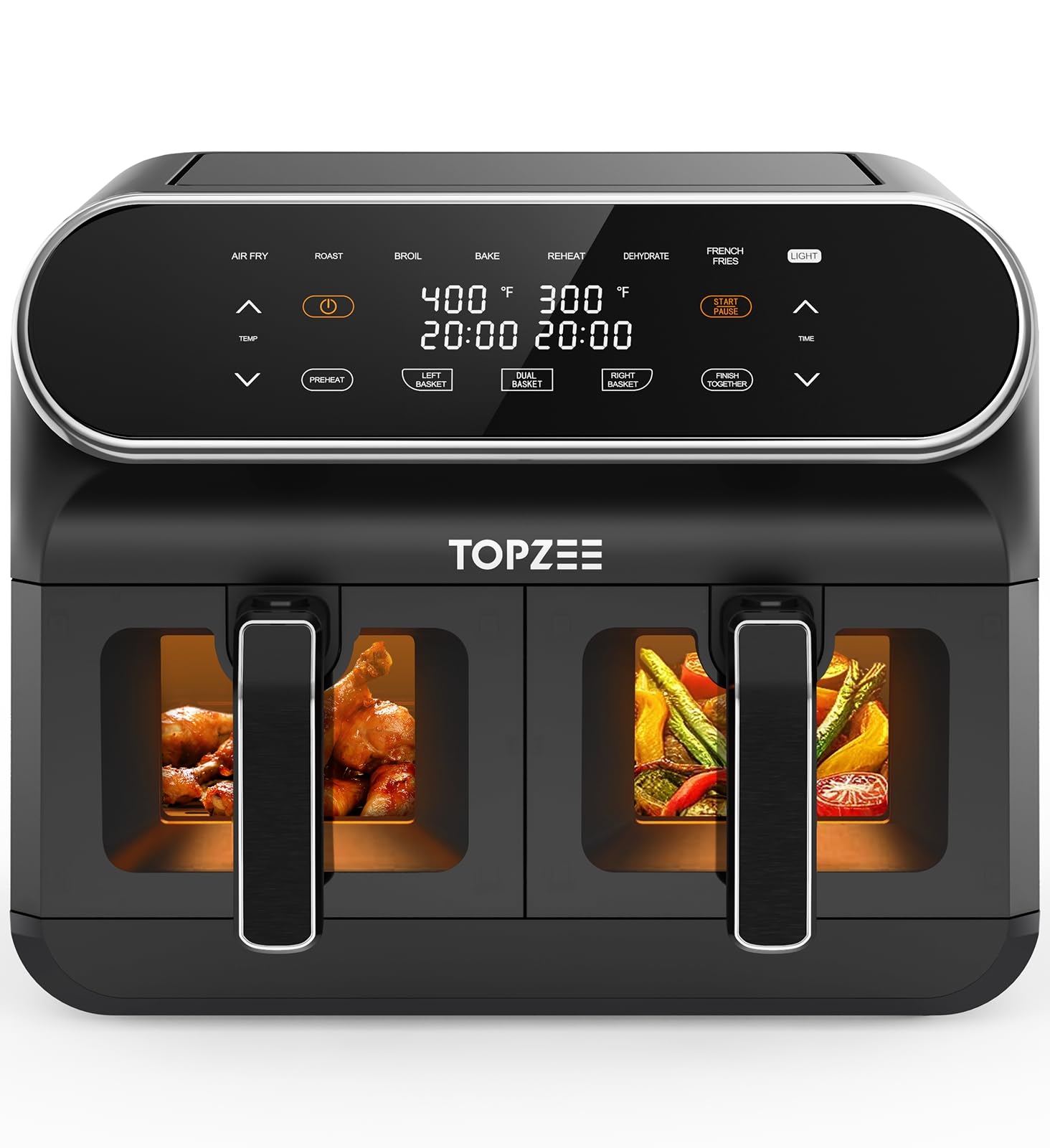 TOPZEE 8 Quart Large Air Fryer - Dual Basket Airfryer with Easy View Windows, Preheat, Air Fry, Roast, Broil, Bake, Dehydrate, 2