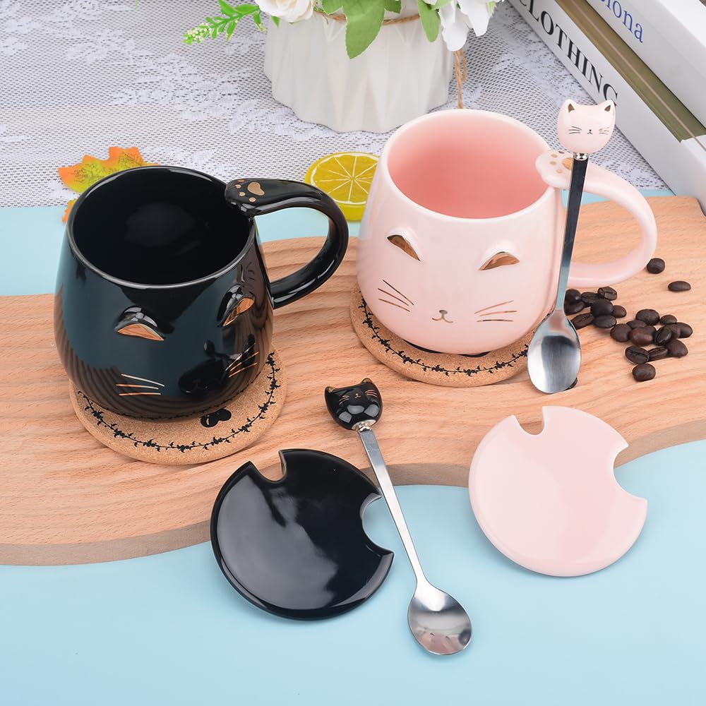 Pink Ceramic Coffee mug Cute Cat Handmade Tea Cups with Stainless Steel Spoon Kitty Cup Unique Hot chocolate Novelty mugs Christ