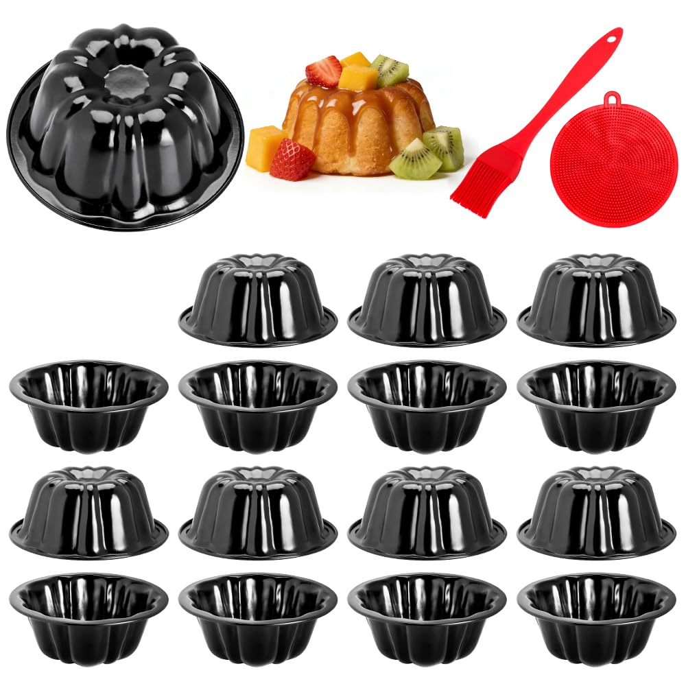 Quyimy 16Pcs 4 Inch Mini Fluted Cake Pan Nonstick Mini Fluted Tube Cake Pan, Carbon Steel Mini Flan Molds Pan with Oil&Dish Brus