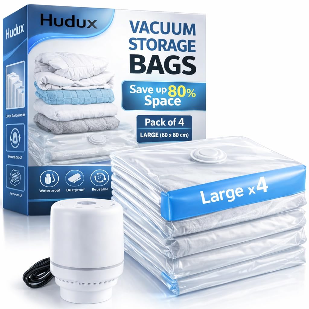 Hudux 4 Pack Large 60 X 80Cm Vacuum Storage Compression Ziplock Bags With Electric Pump For Clothes, Blankets, Pillows, Bedding,