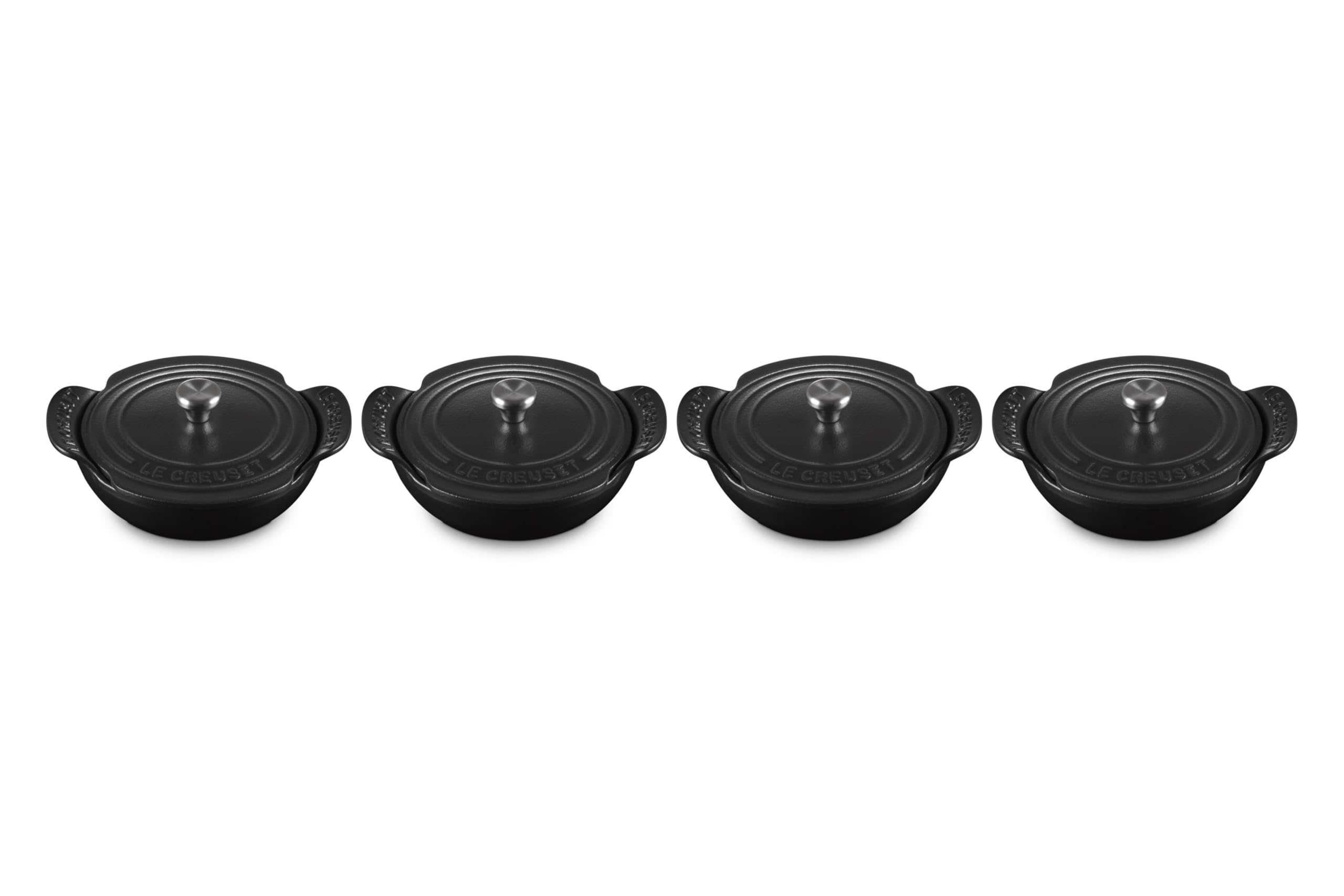 Le Creuset Enameled Cast Iron Gourmand Collection Set of 4 Mini Round Braiser, .3 qt., Matte Black w/Stainless Steel Knob
