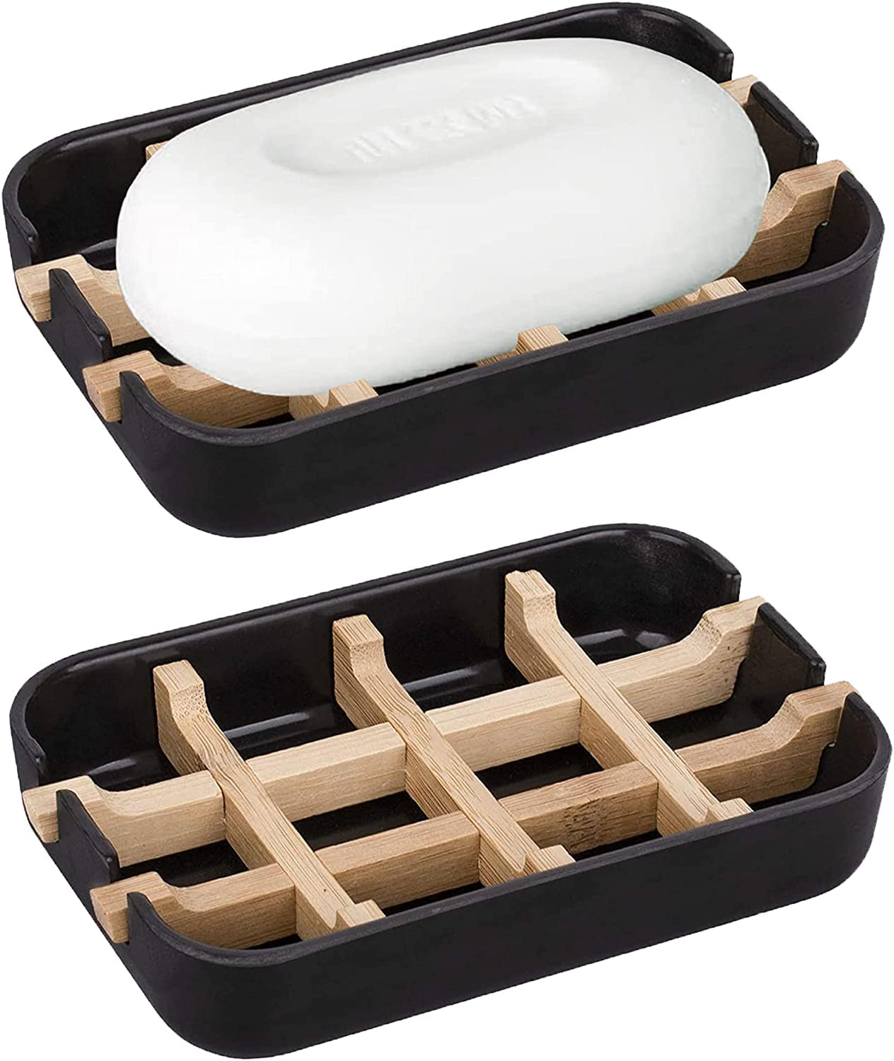 Aoheuo Modern Bamboo Fiber Soap Holder And Soap Dish Combination (Removable), Black, 5.12 Long By 3 Wide, 0.98 Inches High, Used